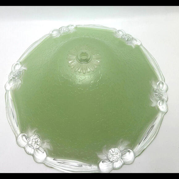 Vintage Deco Green Textured Thick Glass Ceiling Shade Bow Ribbon Accent Deco 12" - Picture 10 of 14
